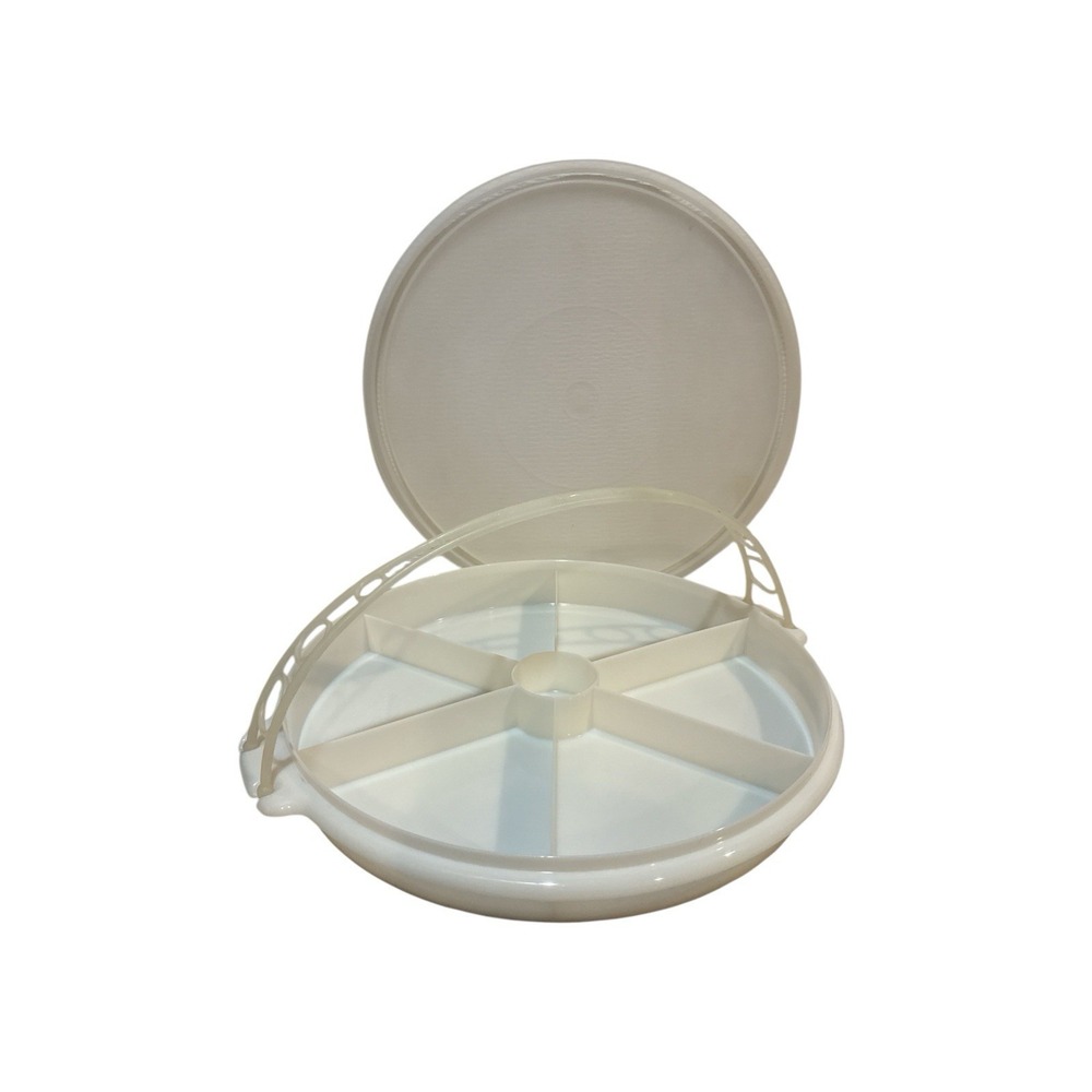 Vtg Tupperware Divided Veggie Serving Dish/Tray Carry‎ Handle Round White W/Lid
